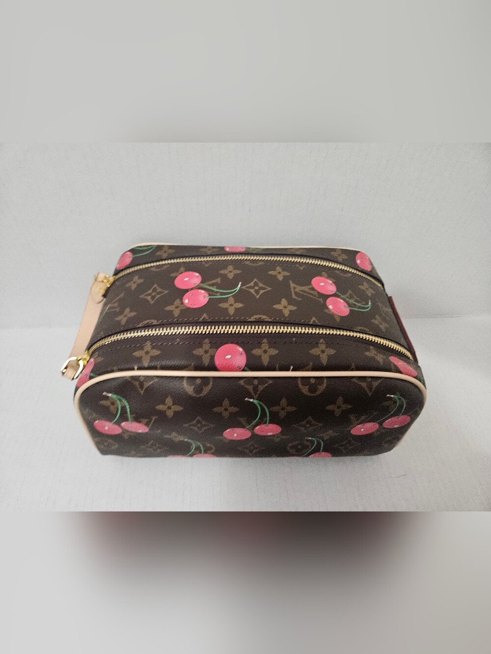 Cherry Monogram Canvas Cosmetic Pouch - Brown & Pink